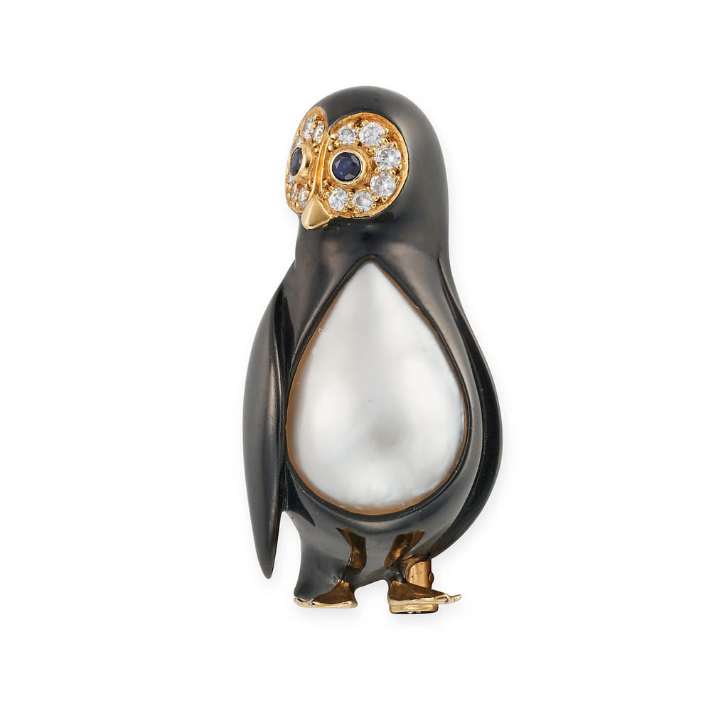 フレッド パール・ダイヤモンド・サファイア・エナメル ペンギンブローチ